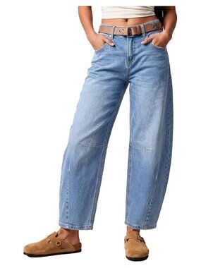 Women's Wide Leg Barrel Jeans Mid Rise Ankle Denim Pants